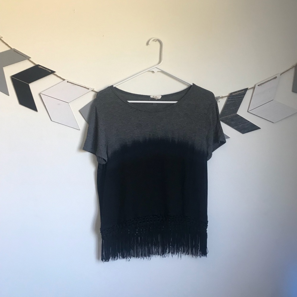 Black And Gray Ombré Cropped Top With Fringe